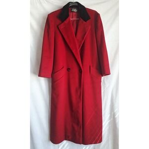 Loring Women's Red 100% Wool Vintage Long Coat  Black Velvet Collar Small
